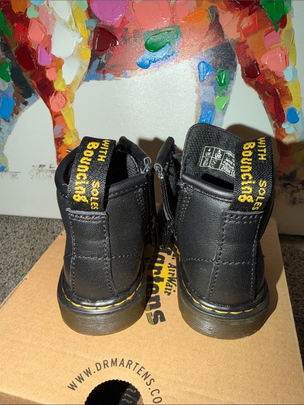 Dr. Martens Kids Black Lace-Up Ankle Boots with Yellow Stitching